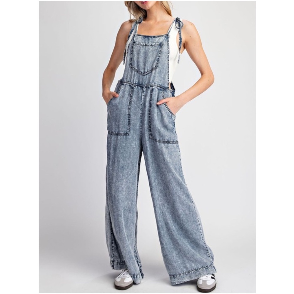 031 Boho Blue Mineral Washed Wide Leg Pockets Jumpsuit - Picture 4 of 10